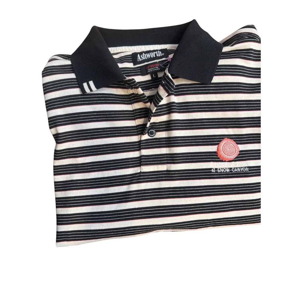 Ashworth Mens Large Golf Polo Shirt Black White Striped Short Sleeve Cotton